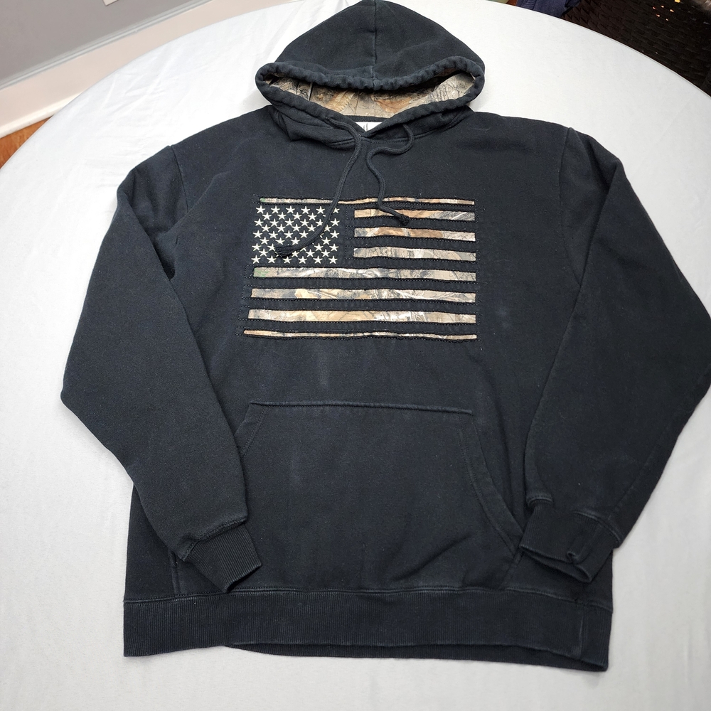 Buck Wear Hoodie Mens Large Black Camo USA Flag Hooded Pullover Sweatshirt